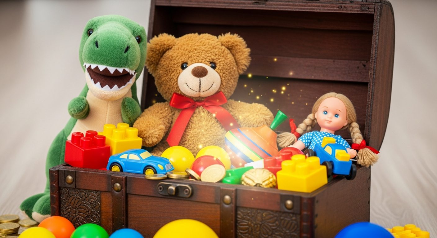 Baúl de madera desbordando juguetes de colores y peluches