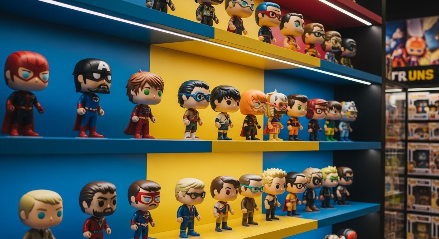 Figuras coleccionables de vinilo en repisas de colores
