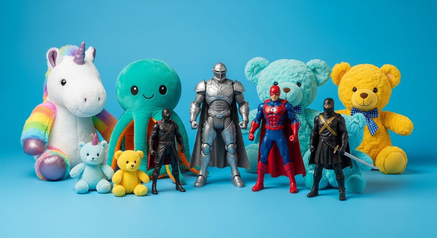 Peluches y figuras de acción sobre fondo azul