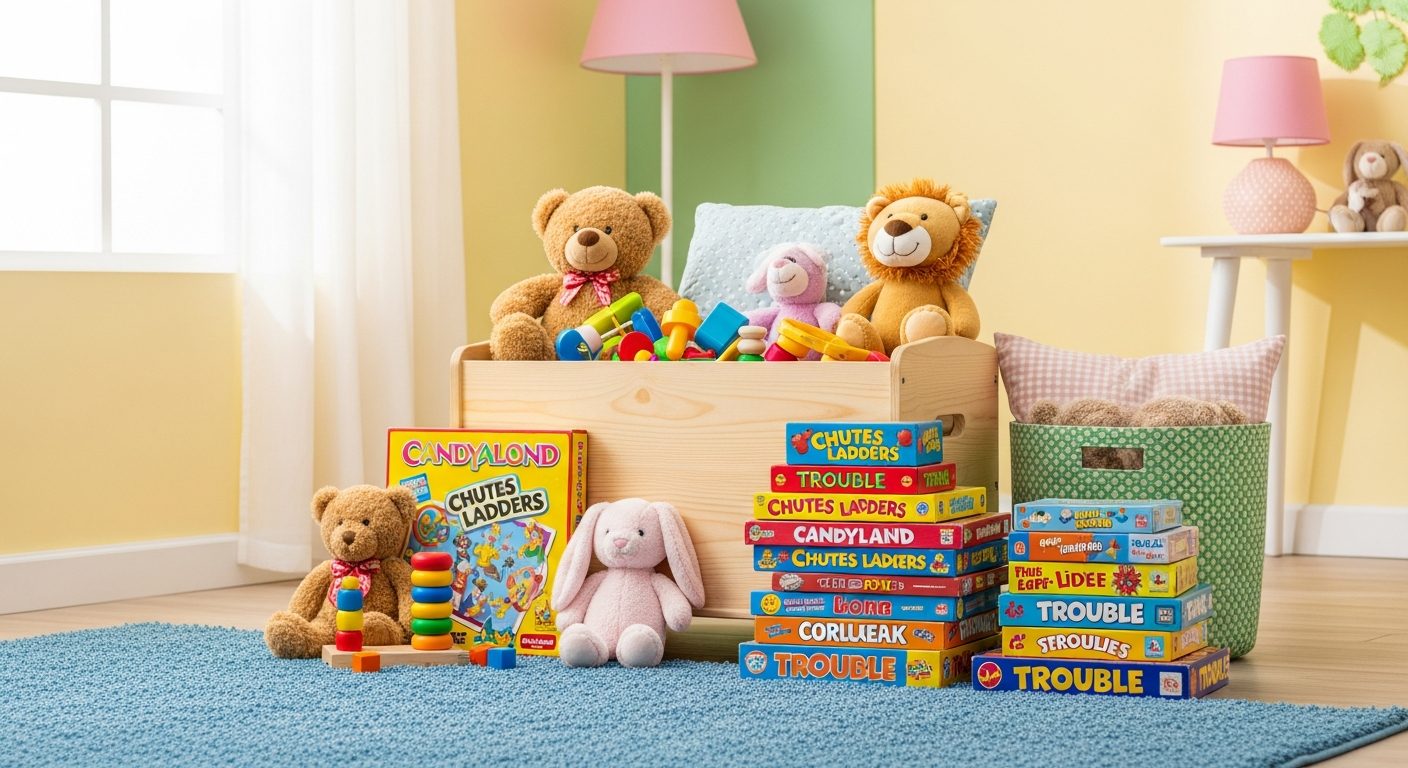 Cuarto infantil con baúl de juguetes y juegos de mesa